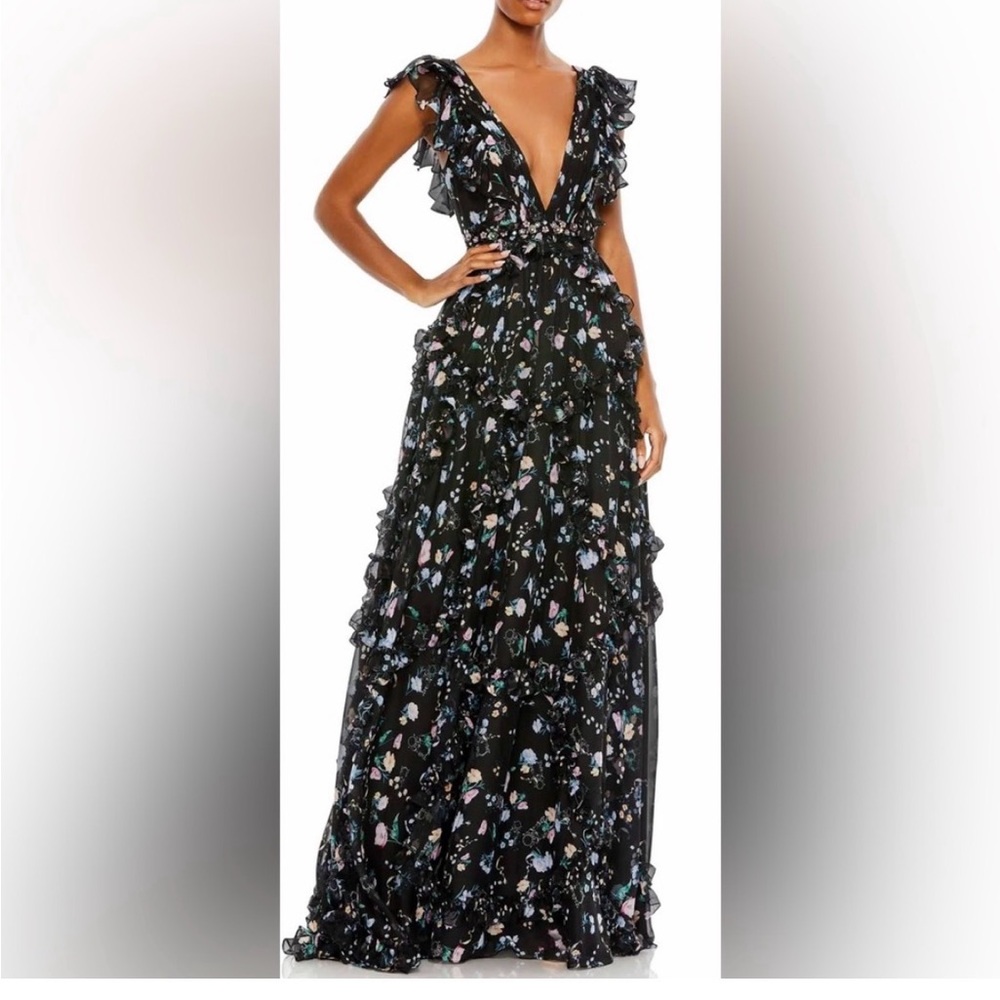 Mac Duggal Black Floral Ruffle Tiered Maxi Dress style 68090 NWT